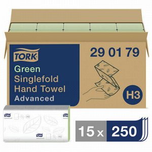 Полотенца бумажные, 250 шт., TORK (Система H3) Advanced, комплект 15 шт., 2-слойные, зеленые, 25х23, ZZ(V), 290179