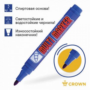 Маркер перманентный (нестираемый) CROWN "Multi Marker", СИНИЙ, круглый наконечник, 3 мм, CPM-800