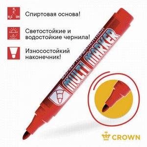 Маркер перманентный (нестираемый) CROWN &quot;Multi Marker&quot;, КРАСНЫЙ, круглый наконечник, 3 мм, CPM-800