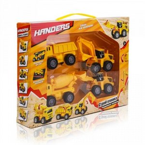Набор машинок Handers "Стройтехника" 10 см. (грузовик,бетоновоз,экскаватор,погрузчик)