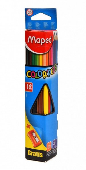 Maped. Карандаши цветные "Color'Peps" (12 цв) треугол., ударопроч. в футляре, . точил арт.183213