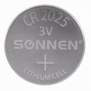 Батарейка литиевая SONNEN Lithium CR2025 "таблетка, дисковая, кнопочная" 1 шт., блистер, 451973