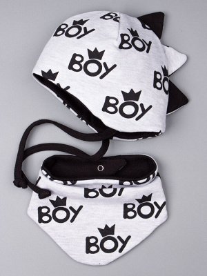 Шапка трикотажная для мальчика с гребнем на завязках + нагрудник, BOY, черный