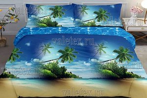 Постельное белье из синего поплина с тропическим пляжем и пальмами 2 СП