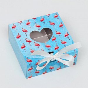 Подарочная коробка сборная с окном &quot;Фламинго на голубом&quot;, 11,5 х 11,5 х 5 см