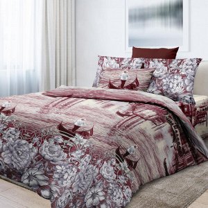Комплекты постельного белья из красно-коричневой бязи люкс с венецианским гандольером и белыми цветами 1.5 СП