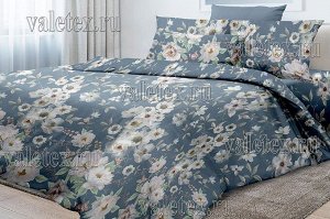 Комплекты постельного белья из сине-серой бязи люкс Прикосновение с белыми цветами 1.5 СП
