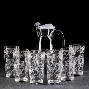 GiDGLASS Набор питьевой с гравировкой «Флора», 7 предметов: графин 1 л, стаканы 230 мл, 6 шт