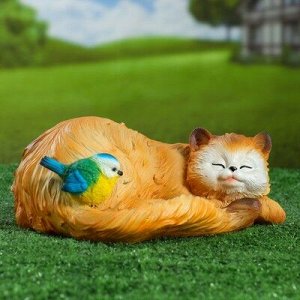 Садовая фигура "Кошка спящая с птичкой" 13х29см