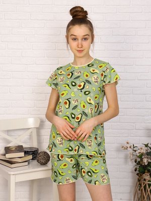 Пижама Характеристики: 100% хлопок; Материал: кулирка
Принт Авокадо представлена в яркой и очень модной расцветке.
Кофта с короткими  рукавами. Шортики с поясом на резинке.