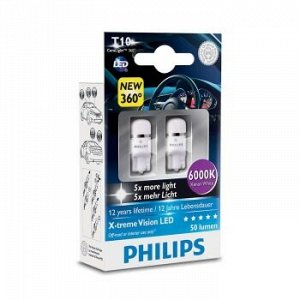 Лампа светодиод. PHILIPS T10 W5W 12V 1W W2.1x9.5d LED 6000K Ceralight к-т 2шт. 127996000KX2