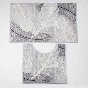 Набор ковриков для ванны и туалета  «Пёрышки», 2 шт: 50?80, 40?50 см, цвет серый