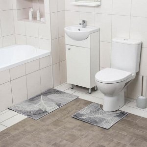 Набор ковриков для ванны и туалета  «Пёрышки», 2 шт: 50?80, 40?50 см, цвет серый