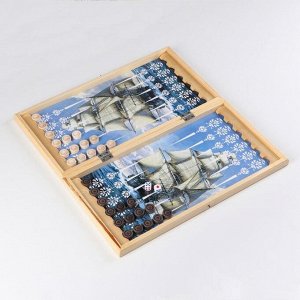 Нарды деревянные большие, настольная игра "Парусник", 40 х 40 см, с полем для игры в шашки