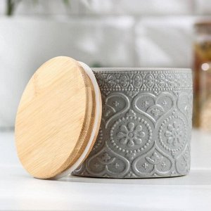 Банка для хранения сыпучих продуктов «Кружева. Сердца», 400 мл, 10*9,5 см, с бамбуковой крышкой, керамика, серая