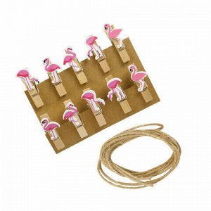 Прищепки декоративные "Фламинго", 10 штук, 3,5 см, ассорти, со шпагатом, ОСТРОВ СОКРОВИЩ, 662669
