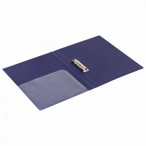 Папка с боковым металлическим прижимом и внутренним карманом BRAUBERG &quot;Диагональ&quot;, темно-синяя, до 100 листов, 0,6 мм, 221357