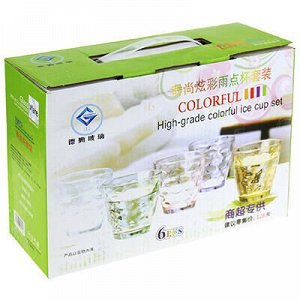 Стакан стеклянный "Радужные фигурки" 220мл, д8,5см, h8см, набор 6 штук, цветное стекло, в цветной коробке (Китай)