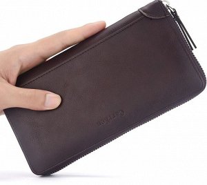 Мужской кошелек на молнии, принт надпись, цвет темно-коричневый