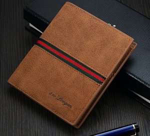 Мужской компактный кошелек, вертикальный, принт "зеленая и красная полосы", цвет коричневый