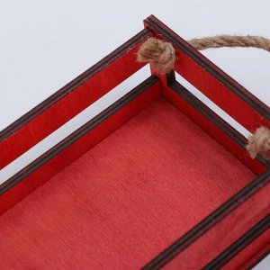 Кашпо деревянное 34.5*12.5*6.5 см, реечное, ручка верёвка, красный