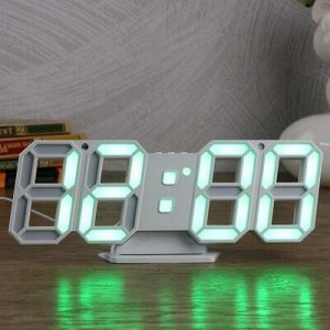 Часы-будильник электронные "Цифры", цифры зеленые, с термометром, белые, 23х9.5х3 см
