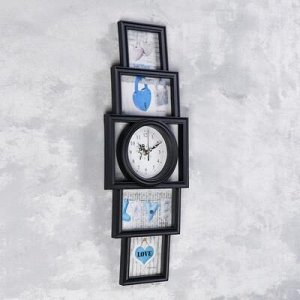 Часы настенные, серия: Фото, "Белли", 4 фоторамки, d=11.8 см, плавный ход, 21х58, чёрный