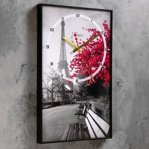 Часы настенные, серия: Город, "Цветущее дерево в Париже", 37х60 см, микс