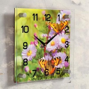 Часы настенные, серия: Цветы, "Бабочки на цветках", 25х25 см, микс
