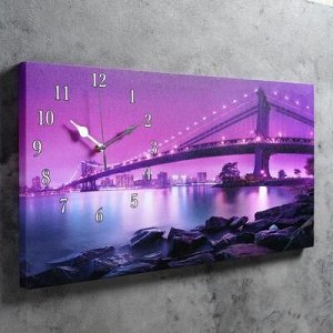 Часы настенные, серия: Город, на холсте "Светящийся мост", 40х76 см, микс