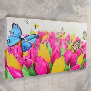 Часы настенные, серия: Цветы, на холсте "Бабочки и тюльпаны", 40х76 см, микс