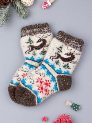 Носки шерстяные детские, снежинка, бегущий олень, темно-коричневый