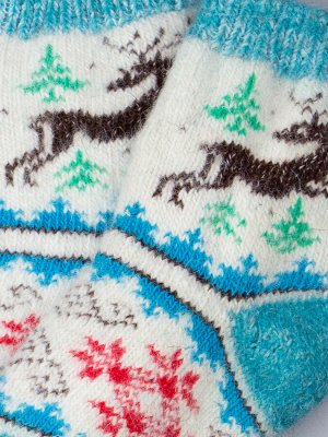 Носки шерстяные детские, снежинка, бегущий олень, бирюзовый