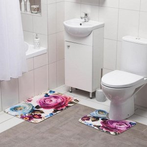 Набор ковриков для ванны и туалета Доляна «Пионы», 2 шт: 39x49, 50x80 см, цвет серый