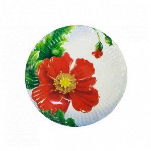 Тарелка картонная плоская красные цветы d-18 см (10шт)