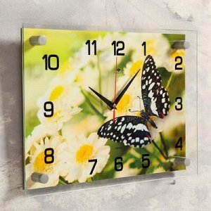 Часы настенные, серия: Цветы, "Бабочка на цветах", 25х35 см микс