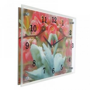 Часы настенные, серия: Животный мир, "Лебеди и розовые цветы", 30х40 см, микс