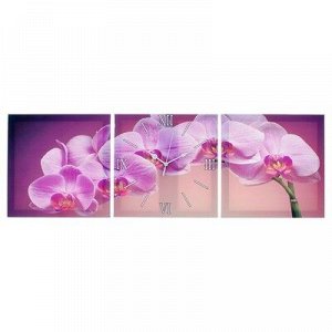 Часы настенные, серия: Цветы, модульные "Фиолетовые орхидеи", 35х110 см, микс