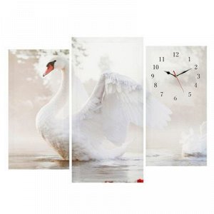 Часы настенные, серия: Животный мир, модульные "Белый лебедь на пруду", 60х80 см, микс