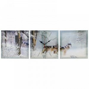 Часы настенные, серия: Животный мир, модульные "Волки в зимнем лесу", 35х110 см, микс