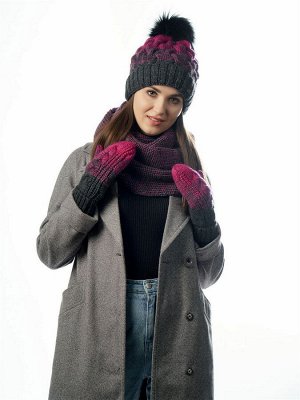 JAGGA  Вязаный зимний комплект Марина с градиентом: вязаная шапка женская зимняя с помпоном, варежки и снуд