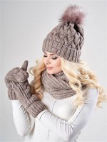 JAGGA /  Вязаный зимний комплект Марина с градиентом: вязаная шапка женская зимняя с помпоном, варежки и снуд