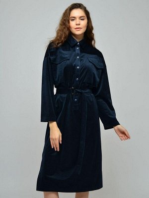 Платье темно-синее с накладными карманами и поясом