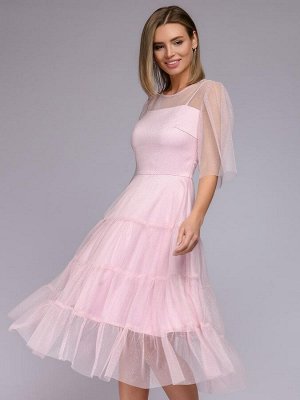 Платье розовое длины миди с объемными рукавами и серебряным напылением