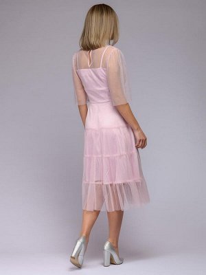 Платье розовое длины миди с объемными рукавами и серебряным напылением