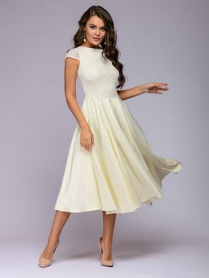 Платье ванильного цвета длины миди с короткими рукавами и вышивкой