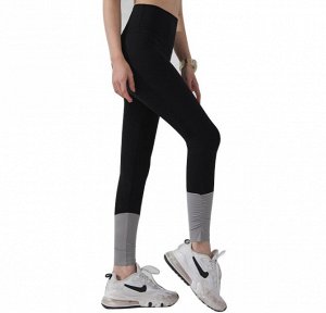 Женские спортивные леггинсы с широкой резинкой присобранные в нижней части, контрастные вставка, цвет черный/серый