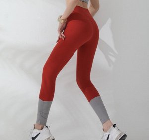 Женские спортивные леггинсы с широкой резинкой присобранные в нижней части, контрастные вставка, цвет красный/серый