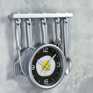 Часы настенные, серия: Кухня, "Кухонная утварь", 32 х 34 см, серебро