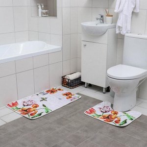 Набор ковриков для ванны и туалета «Тюльпаны на гальке», 2 шт: 80x49,5, 40x49,5 см